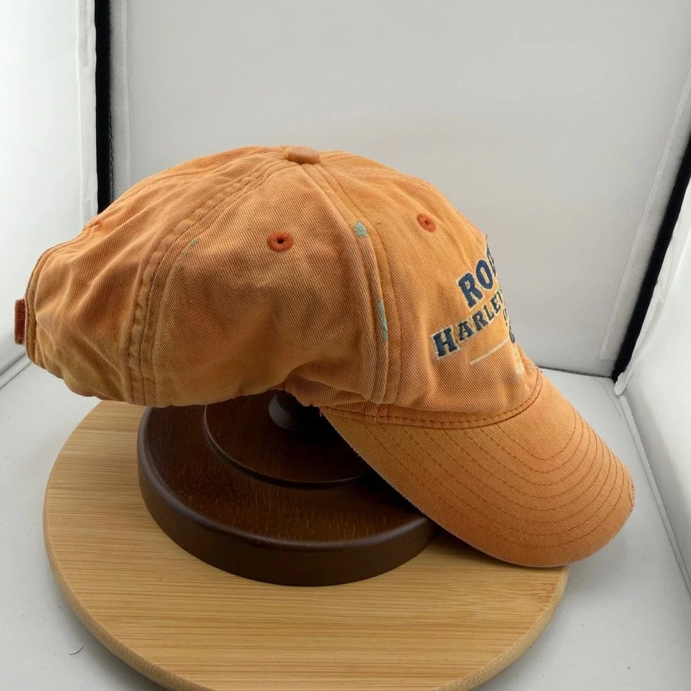Y2K Harley Davidson Roeder Ohio Faded Orange Distressed Biker Hat Strapback